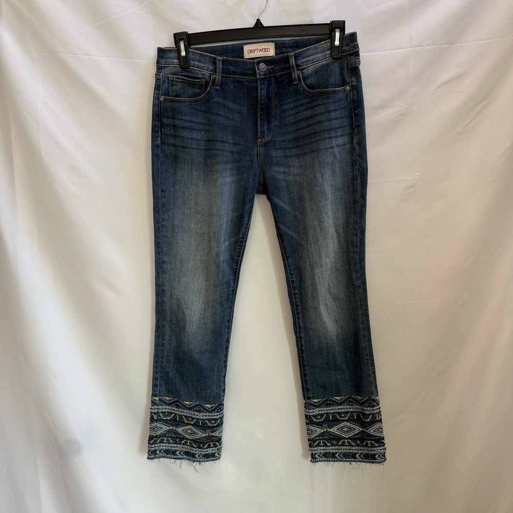 Driftwood Colette Embroidered Hem Jeans Blue Straight Leg Studded Size 29x26